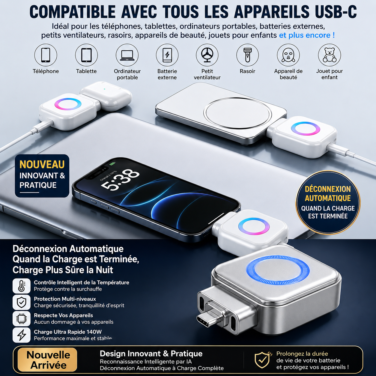 StopCharge™ : l'adaptateur  à intelligence artificielle  qui se désadapte automatiquement  quand votre batterie est pleine.
