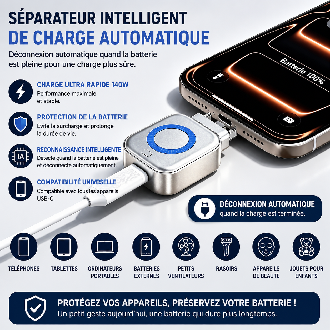 StopCharge™ : l'adaptateur  à intelligence artificielle  qui se désadapte automatiquement  quand votre batterie est pleine.