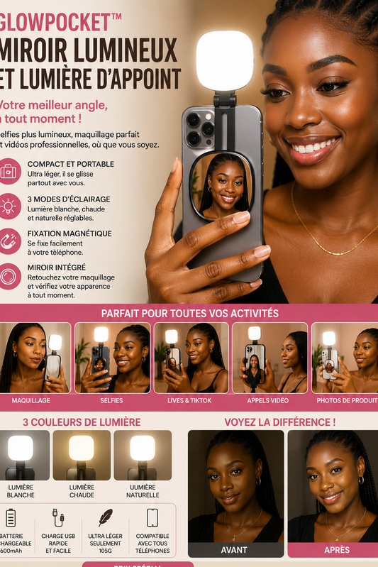 GlowPocket™ – Mini Lumière LED Selfie Magnétique 3-en-1 avec Miroir | Idéale pour maquillage, Lives & Selfies